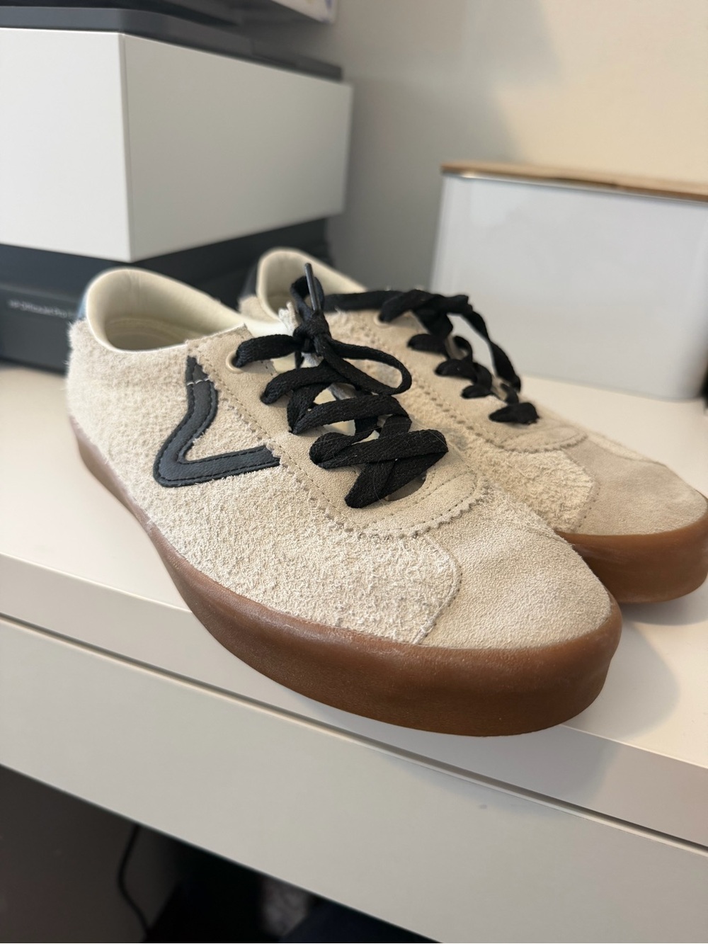 Vans Cream Suede Sneakers with Black Laces and Gum Sole